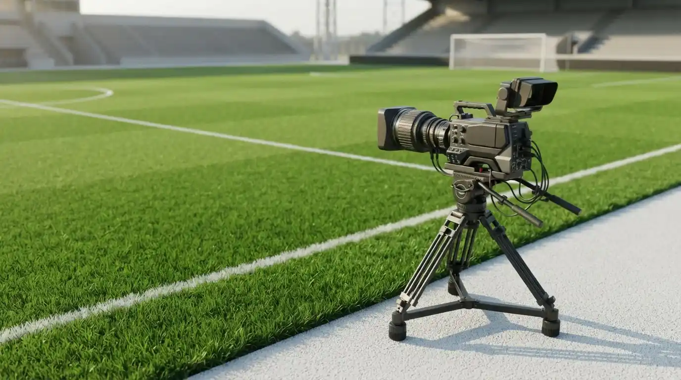 Fernsehkamera auf einem Stativ am Rand eines beleuchteten Spielfelds