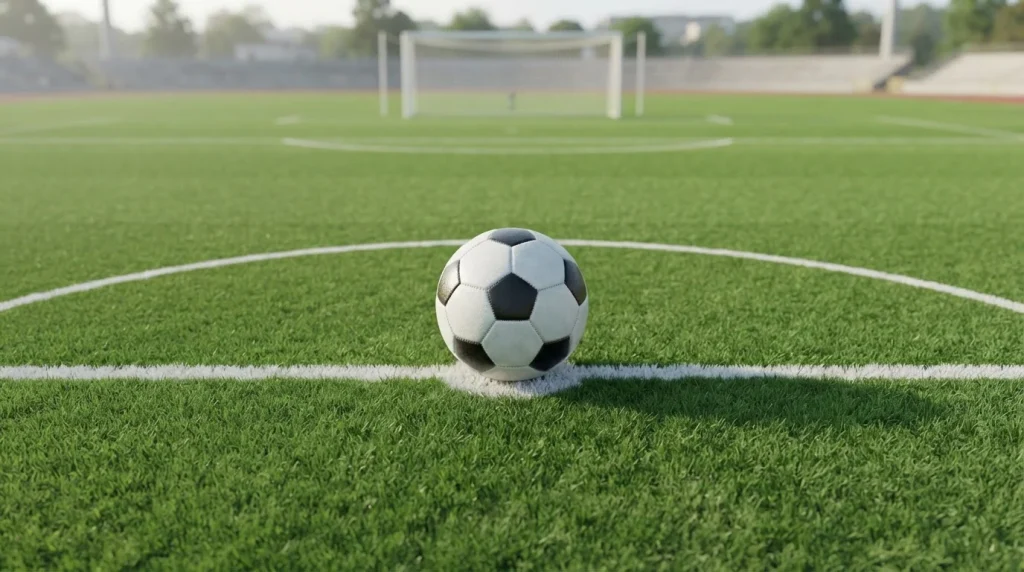 Fußball auf grüner Spielfläche am deutlich markierten Elfmeterpunkt