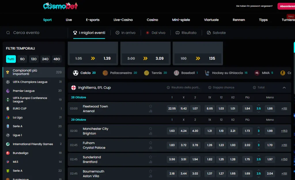 Live-Sportbereich von Cosmobet mit laufenden Begegnungen und angezeigten Wettquoten