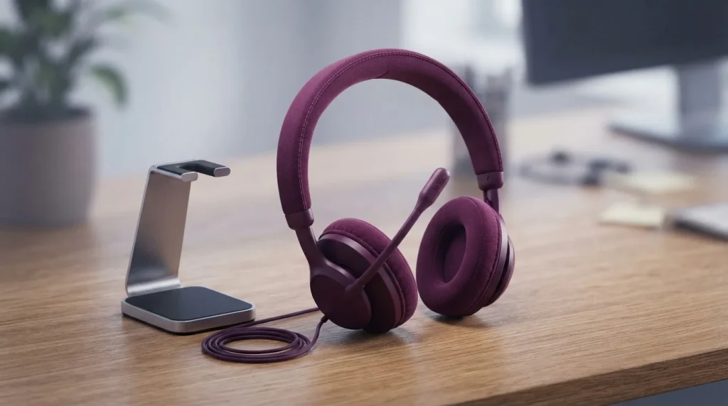 Schwarzes Service-Headset neben Tastatur und Notizblock auf einem Schreibtisch