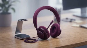 Schwarzes Service-Headset neben Tastatur und Notizblock auf einem Schreibtisch