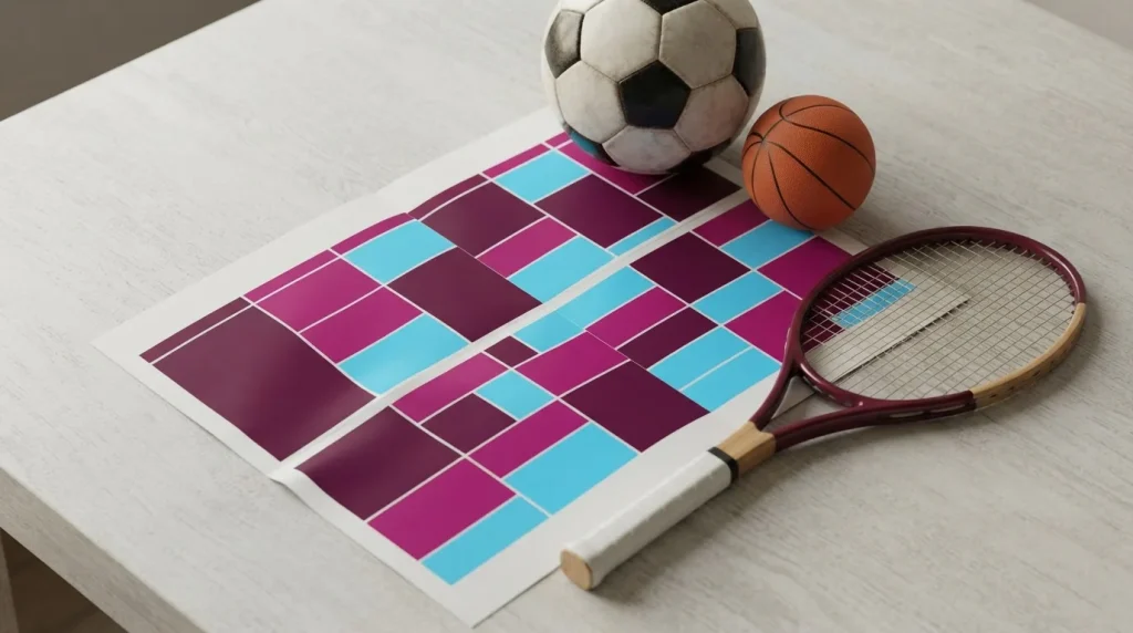 Spielplan mit Fußball, Basketball und Tennisschläger auf einem Sporttisch