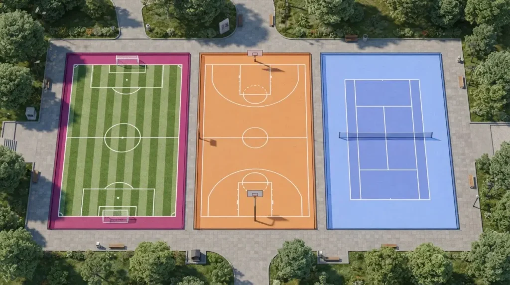 Isometrische Sportplätze mit unterschiedlichen Spielfeldern aus der Vogelperspektive