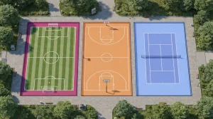 Isometrische Sportplätze mit unterschiedlichen Spielfeldern aus der Vogelperspektive